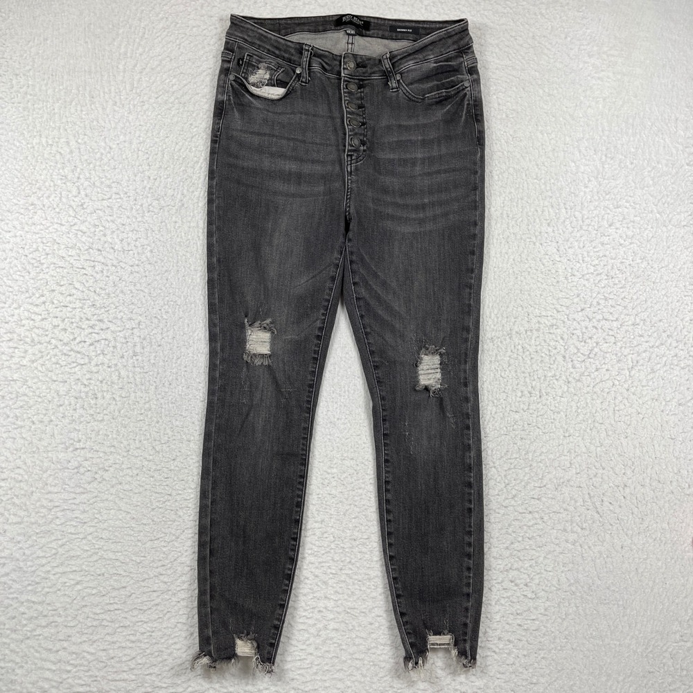 Judy Blue Skinny Jeans Womens 11/30 Black Distressed Button Fly Raw Hem Denim‎